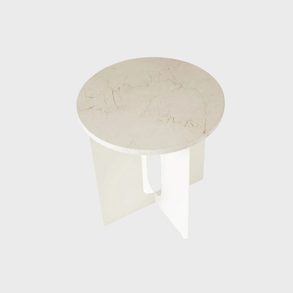 Audo Androgyne Side Table in White Metal with crystal rose marble top