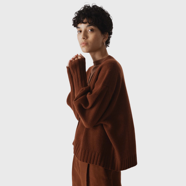 SAYAKA DAVIS Balloon Sleeve Cardigan in Cinnamon on model