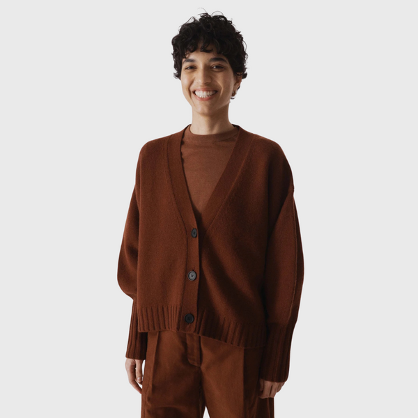 SAYAKA DAVIS Balloon Sleeve Cardigan in Cinnamon on model